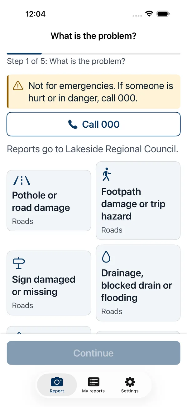 The What is the problem screen, with a list of problems to pick from.