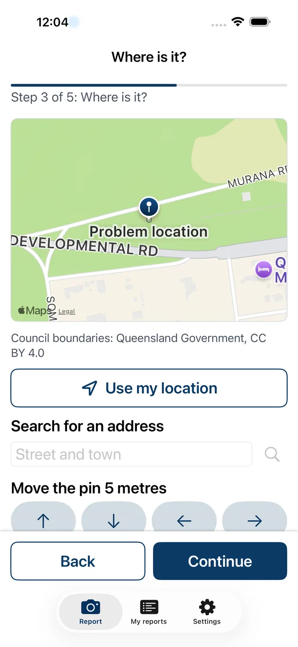 The Where is it screen, with a pin on the map inside the council area.