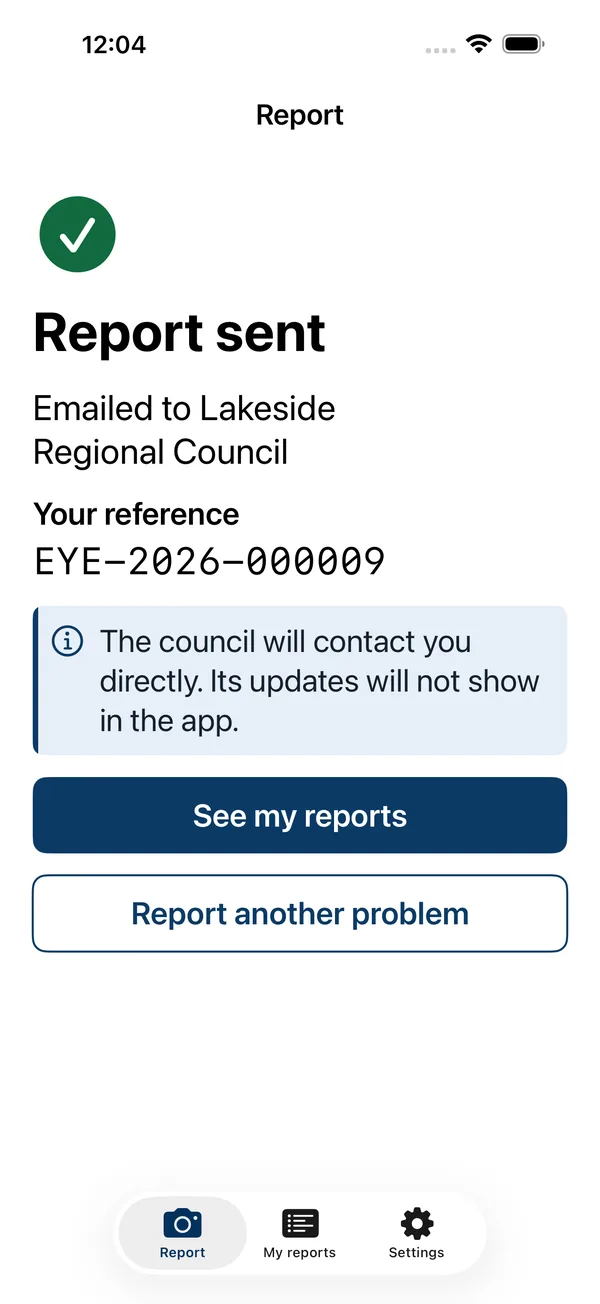 The Report sent screen, with the council name and the reference number.